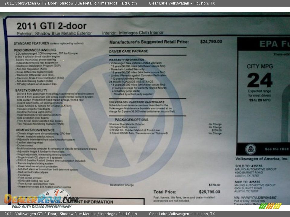 2011 Volkswagen GTI 2 Door Window Sticker Photo #11