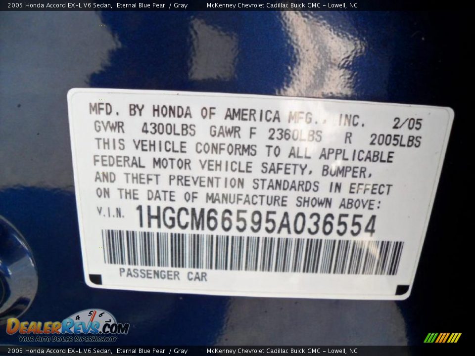 2005 Honda Accord EX-L V6 Sedan Eternal Blue Pearl / Gray Photo #6