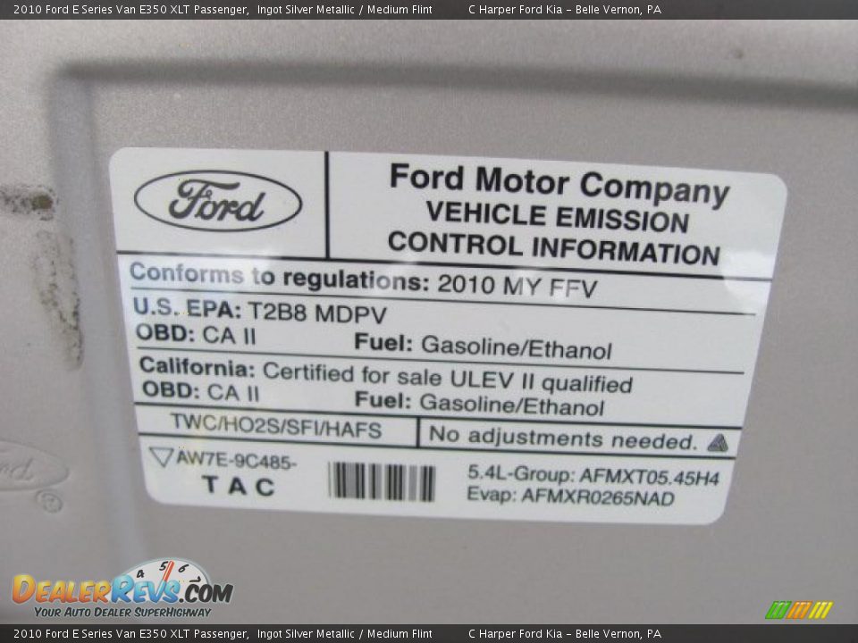 Info Tag of 2010 Ford E Series Van E350 XLT Passenger Photo #11