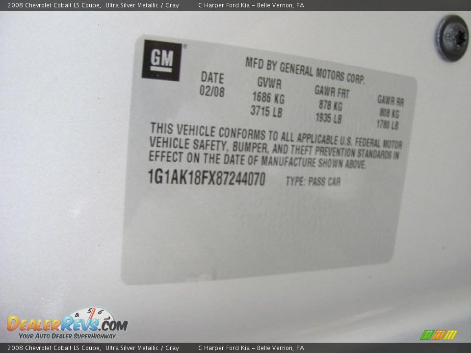 Info Tag of 2008 Chevrolet Cobalt LS Coupe Photo #24