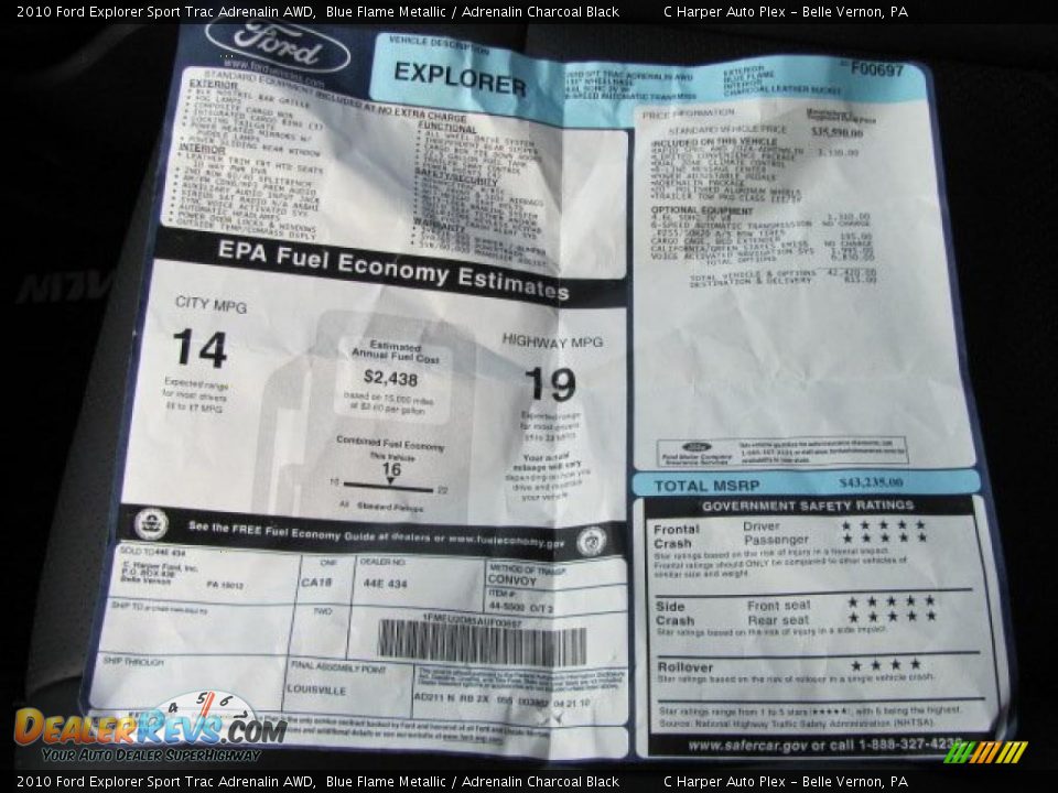 2010 Ford Explorer Sport Trac Adrenalin AWD Window Sticker Photo #23