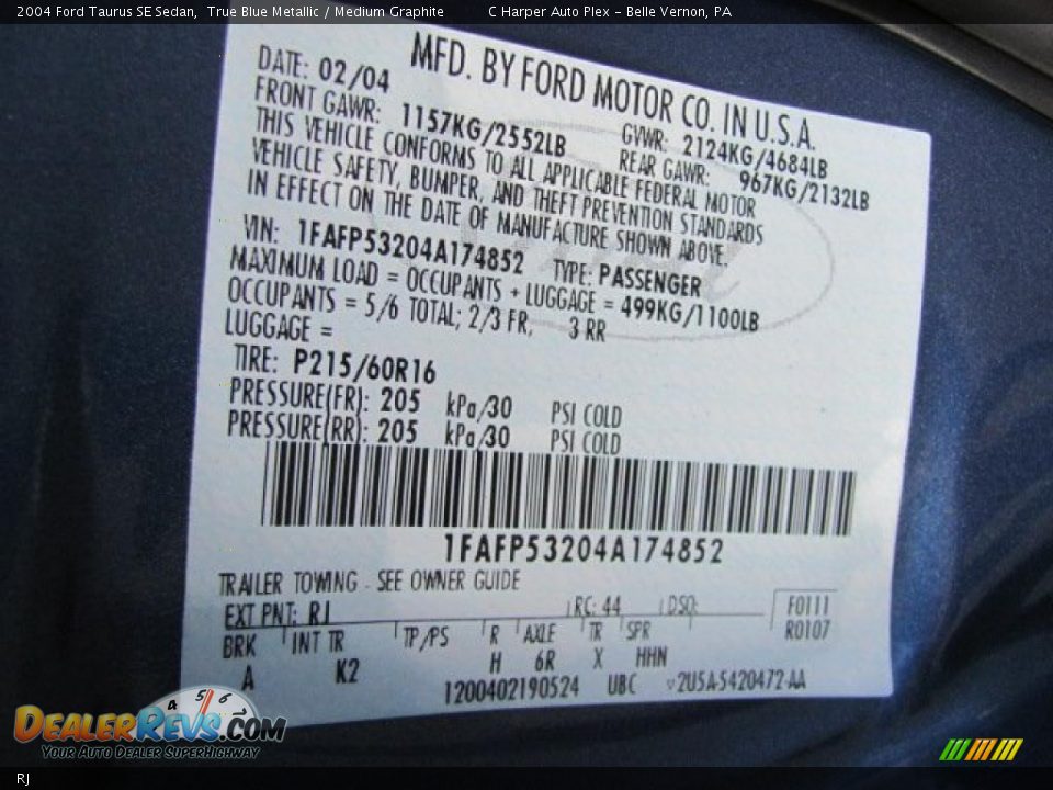 Ford Color Code RJ True Blue Metallic