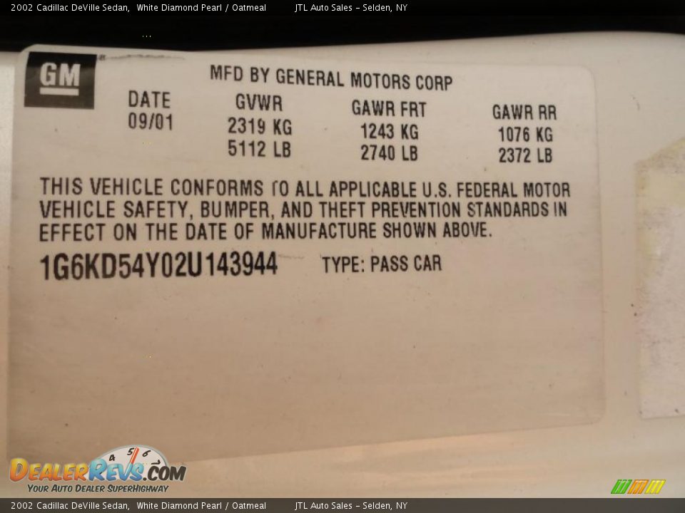 Info Tag of 2002 Cadillac DeVille Sedan Photo #17