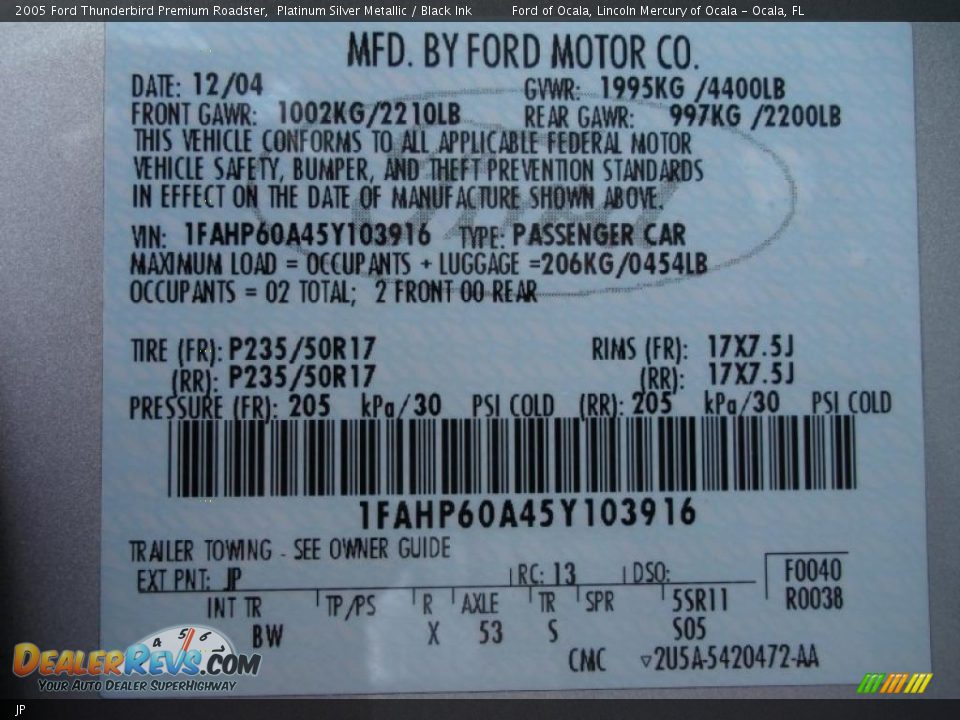 Ford Color Code JP Platinum Silver Metallic