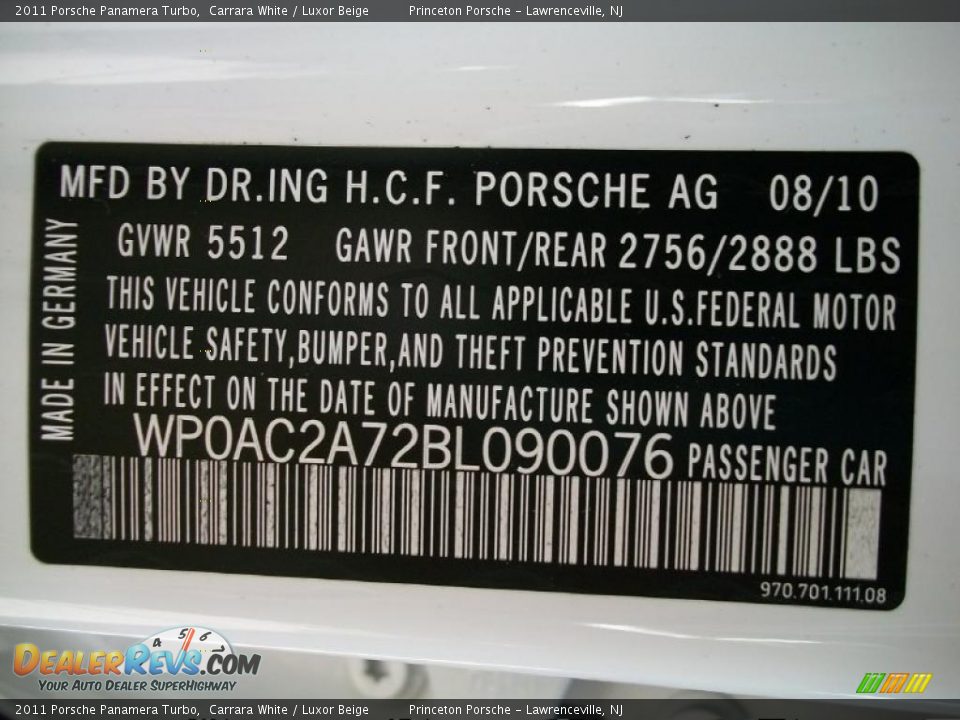 Info Tag of 2011 Porsche Panamera Turbo Photo #34