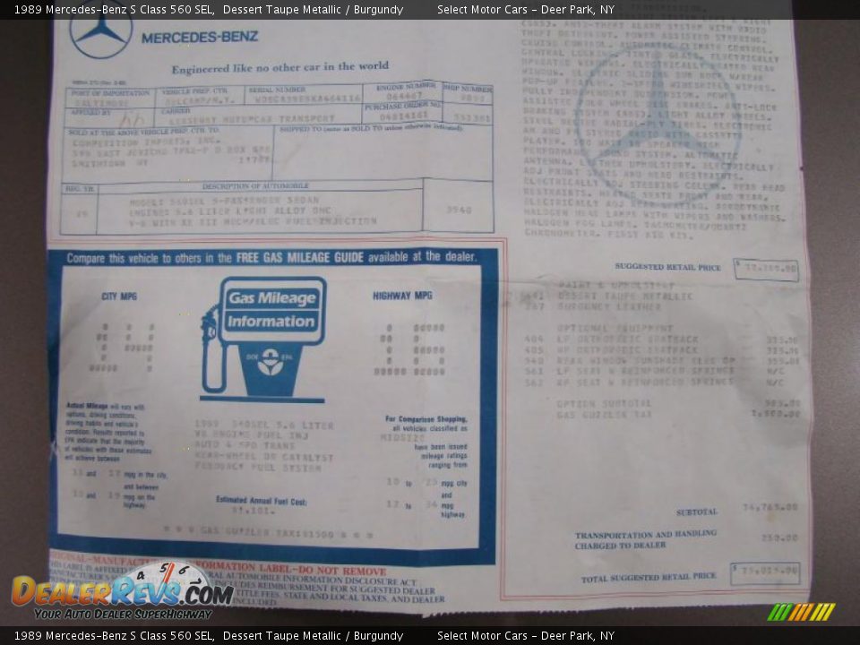 1989 Mercedes-Benz S Class 560 SEL Window Sticker Photo #13
