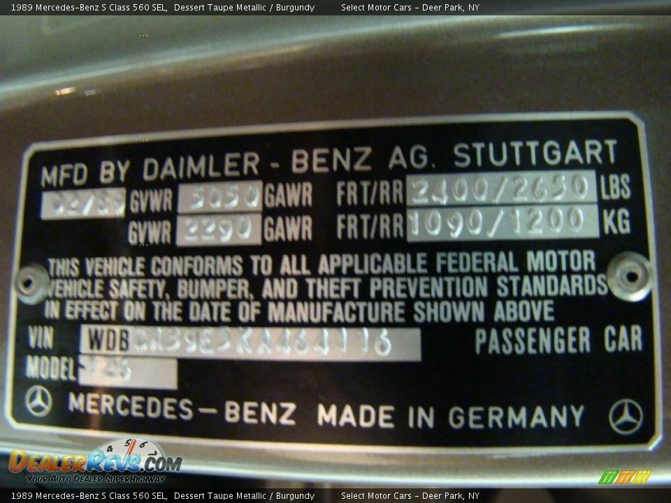 Info Tag of 1989 Mercedes-Benz S Class 560 SEL Photo #14