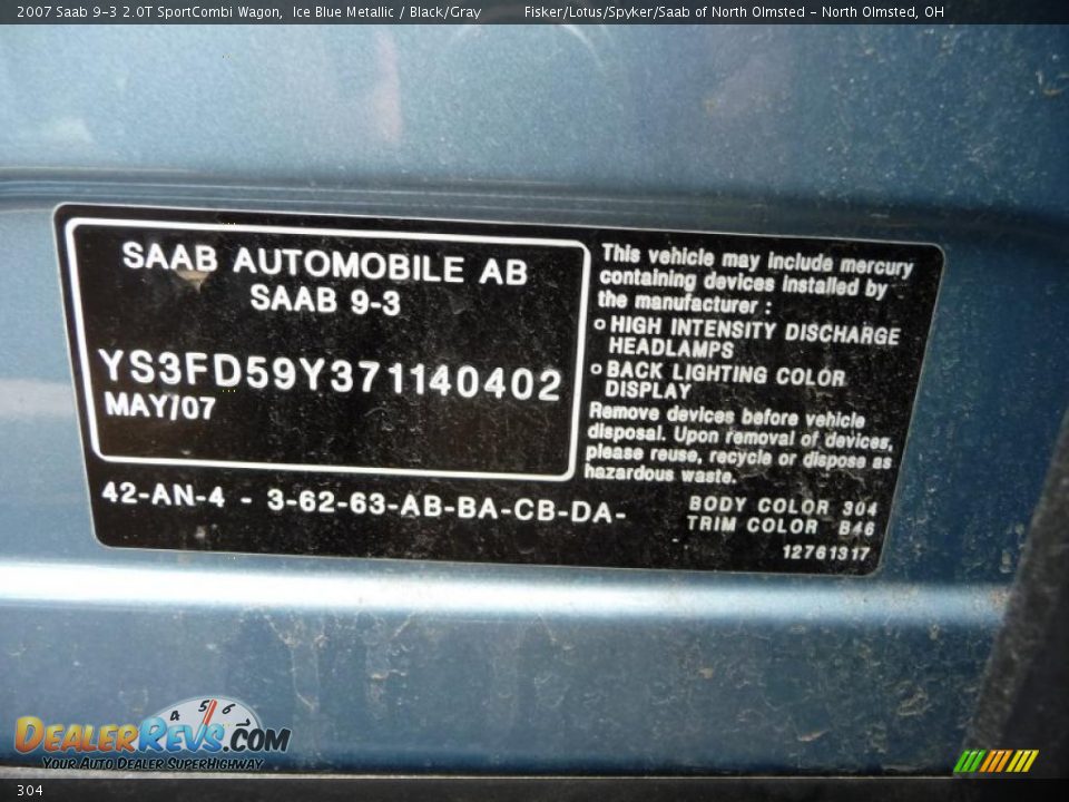 Saab Color Code 304 Ice Blue Metallic