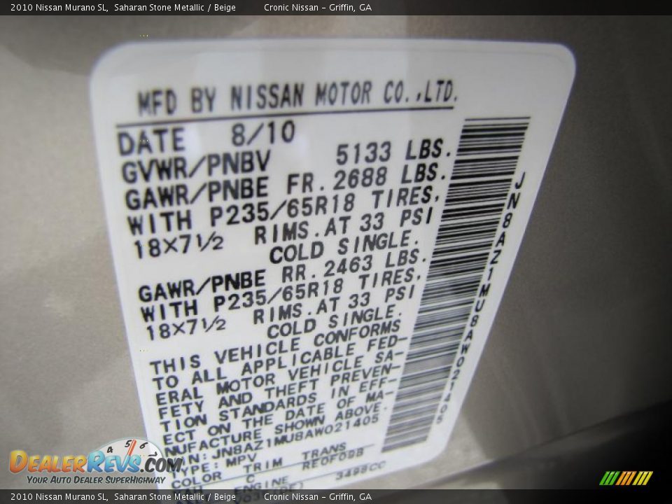 2010 Nissan Murano SL Saharan Stone Metallic / Beige Photo #19