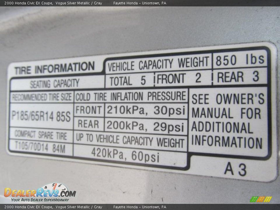 Info Tag of 2000 Honda Civic EX Coupe Photo #18