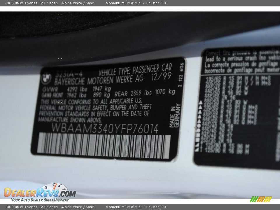 2000 BMW 3 Series 323i Sedan Alpine White / Sand Photo #14