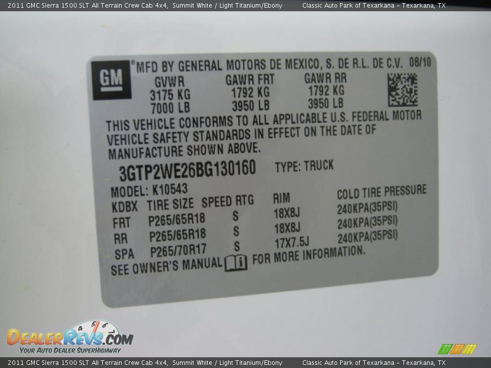 Info Tag of 2011 GMC Sierra 1500 SLT All Terrain Crew Cab 4x4 Photo #31