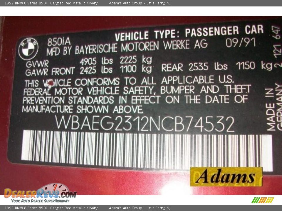 Info Tag of 1992 BMW 8 Series 850i Photo #32