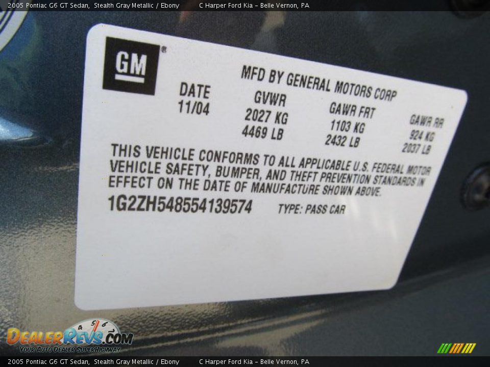 Info Tag of 2005 Pontiac G6 GT Sedan Photo #24