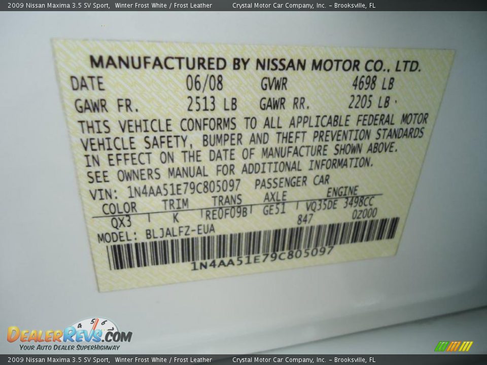 2009 Nissan Maxima 3.5 SV Sport Winter Frost White / Frost Leather Photo #36