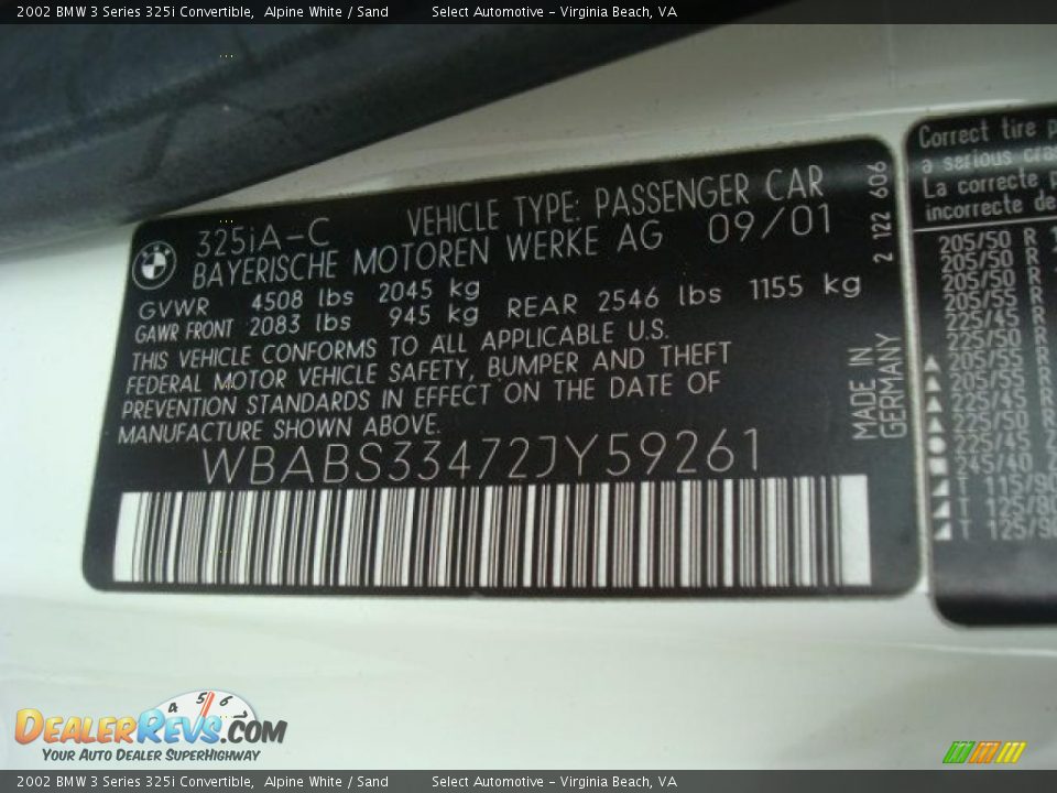 Info Tag of 2002 BMW 3 Series 325i Convertible Photo #25