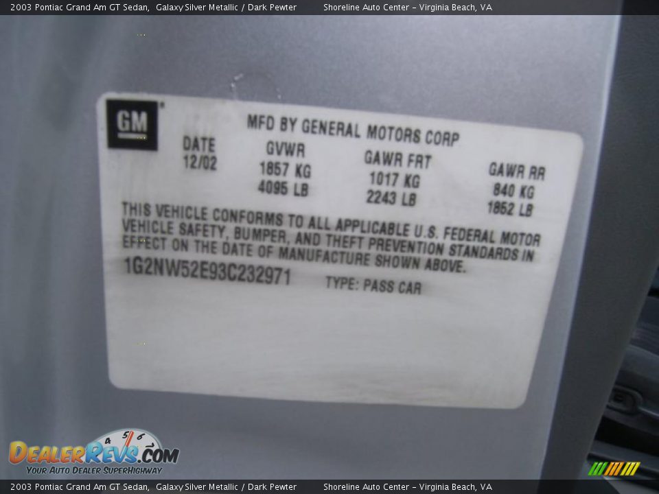 Info Tag of 2003 Pontiac Grand Am GT Sedan Photo #23