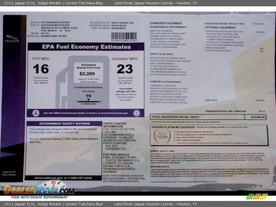 2011 Jaguar XJ XJ Window Sticker Photo #21