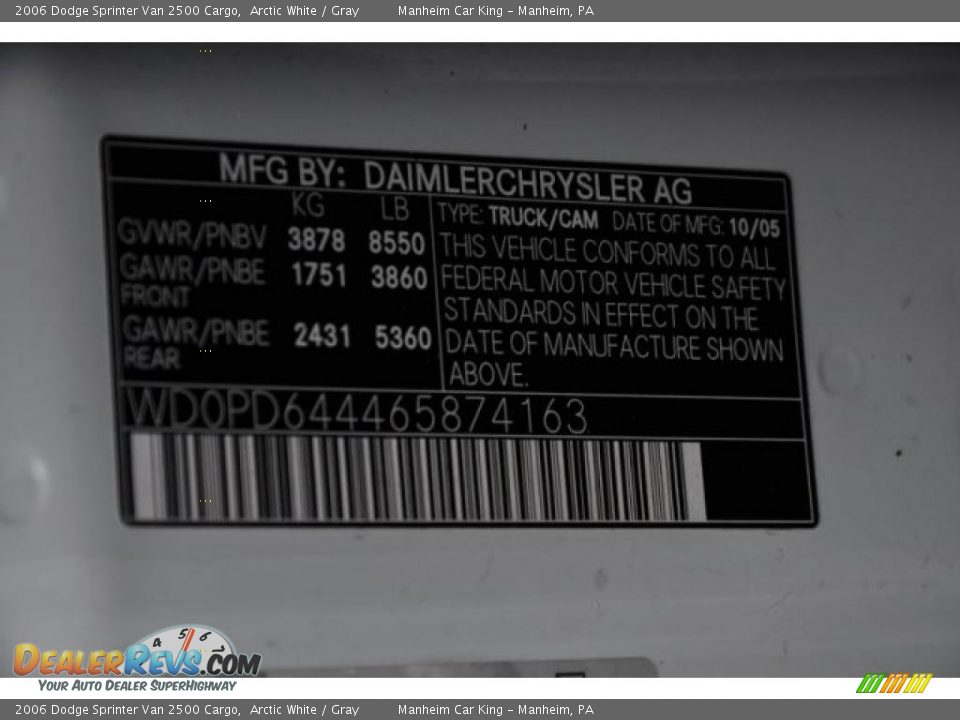 2006 Dodge Sprinter Van 2500 Cargo Arctic White / Gray Photo #9