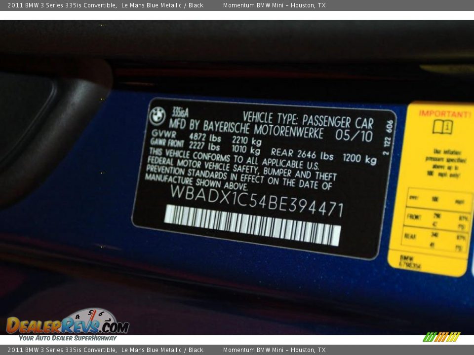 Info Tag of 2011 BMW 3 Series 335is Convertible Photo #7