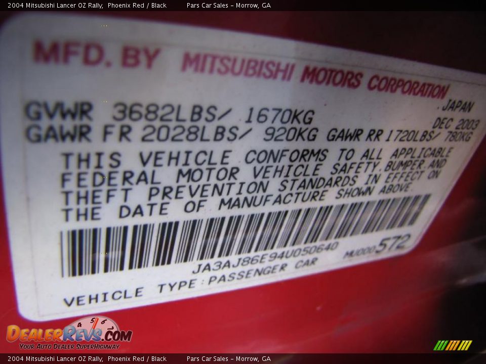 2004 Mitsubishi Lancer OZ Rally Phoenix Red / Black Photo #14