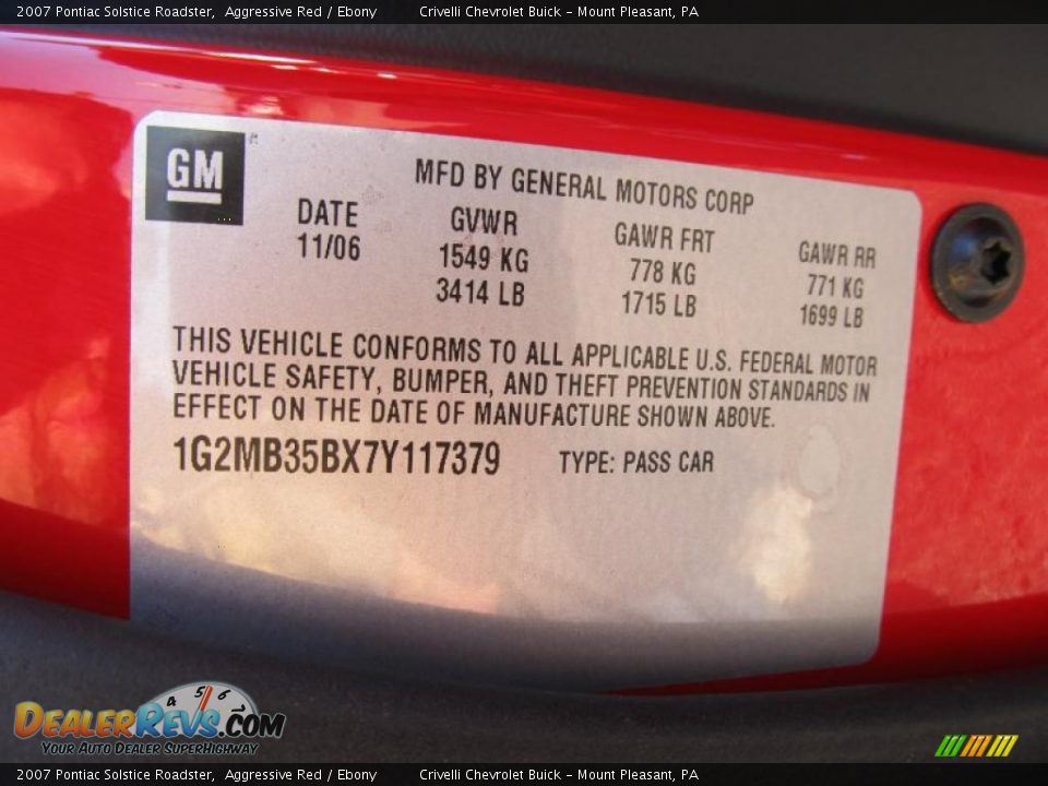 Info Tag of 2007 Pontiac Solstice Roadster Photo #31