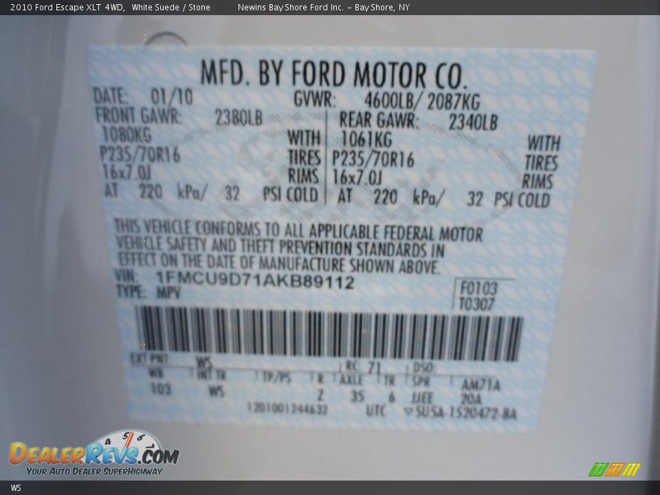 Ford Color Code WS White Suede