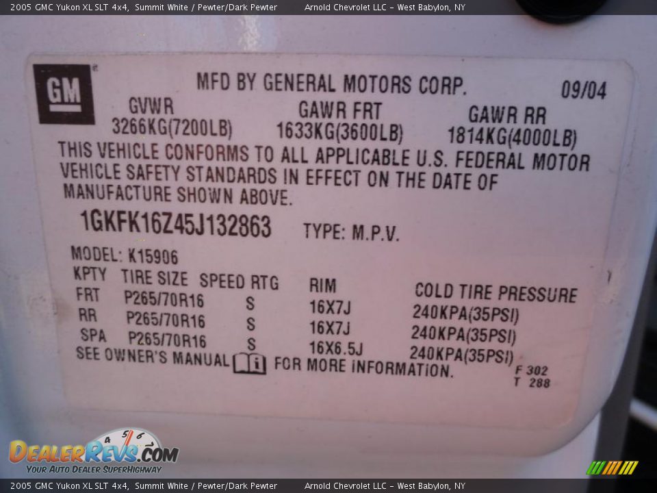 Info Tag of 2005 GMC Yukon XL SLT 4x4 Photo #16
