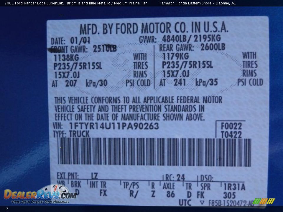 Ford Color Code LZ Bright Island Blue Metallic
