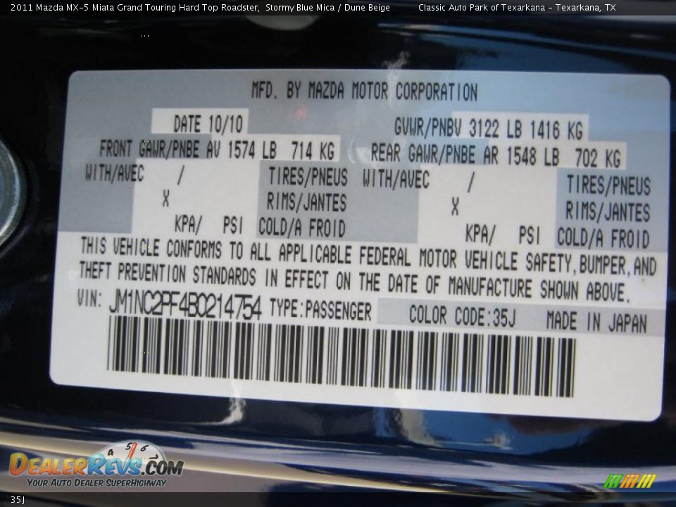 Mazda Color Code 35J Stormy Blue Mica