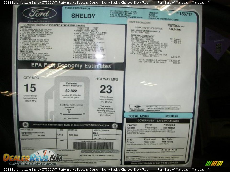 2011 Ford Mustang Shelby GT500 SVT Performance Package Coupe Window Sticker Photo #13