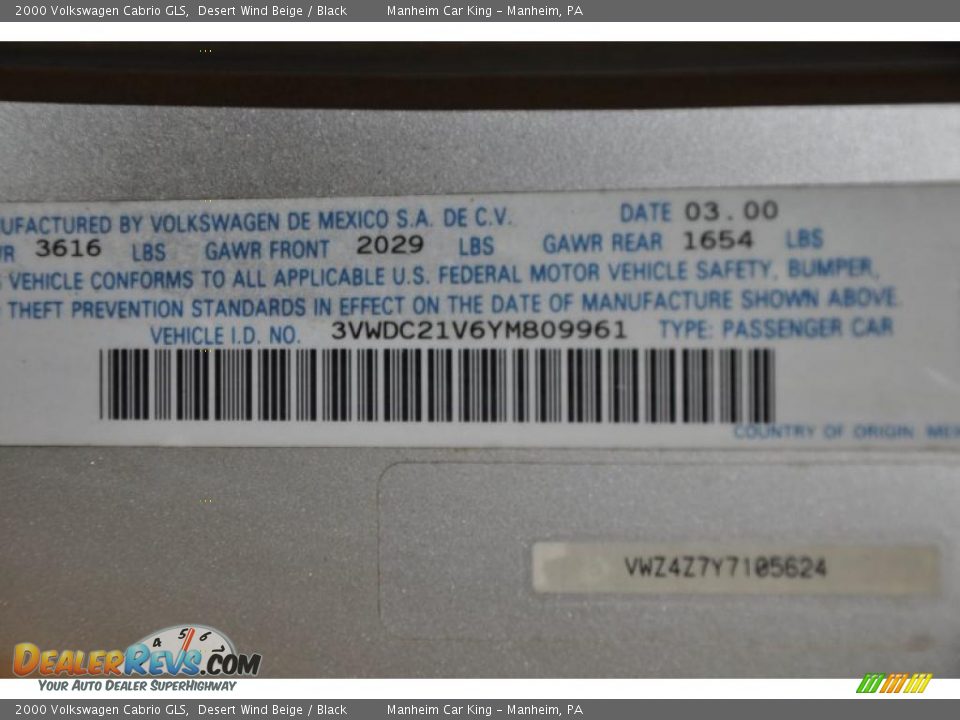 2000 Volkswagen Cabrio GLS Desert Wind Beige / Black Photo #12