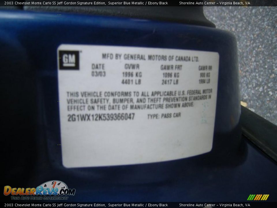 2003 Chevrolet Monte Carlo SS Jeff Gordon Signature Edition Superior Blue Metallic / Ebony Black Photo #20