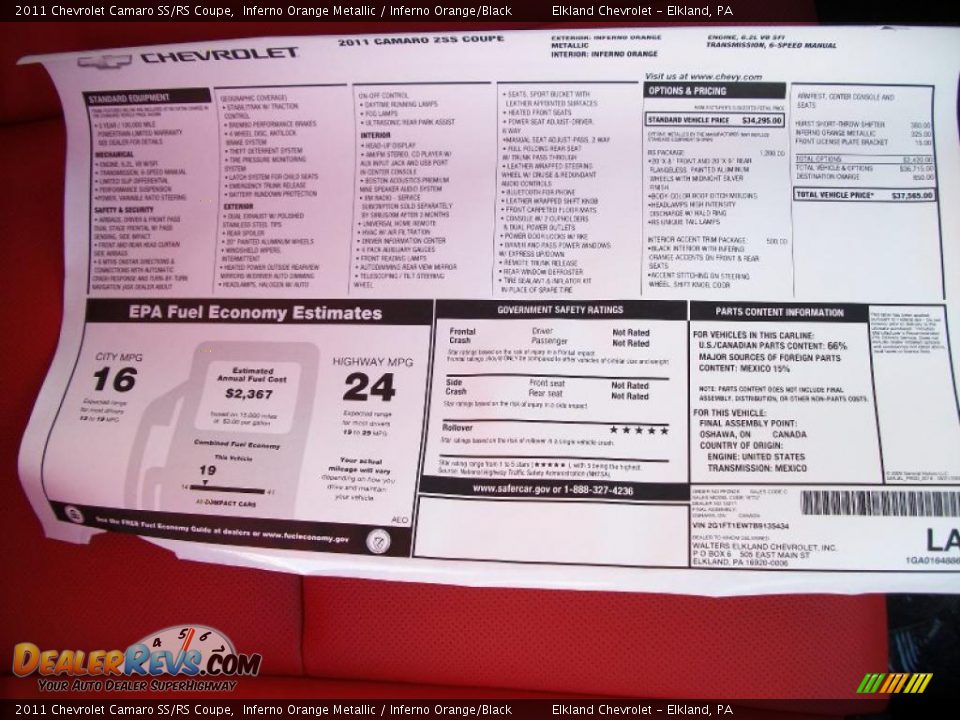 2011 Chevrolet Camaro SS/RS Coupe Window Sticker Photo #16