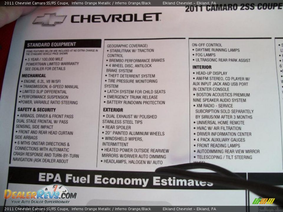 2011 Chevrolet Camaro SS/RS Coupe Window Sticker Photo #18