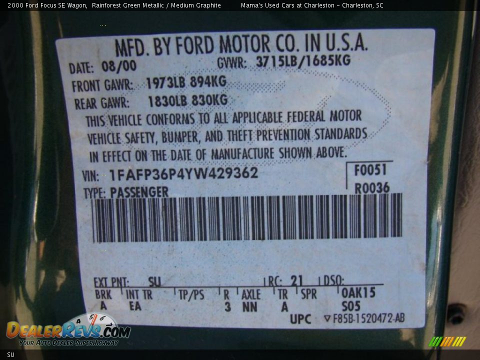 Ford Color Code SU Rainforest Green Metallic