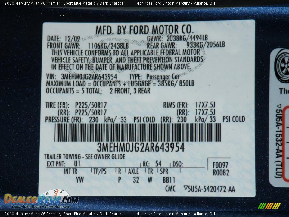 2010 Mercury Milan V6 Premier Sport Blue Metallic / Dark Charcoal Photo #30