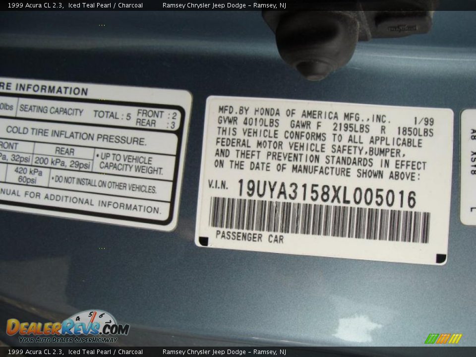 Info Tag of 1999 Acura CL 2.3 Photo #17