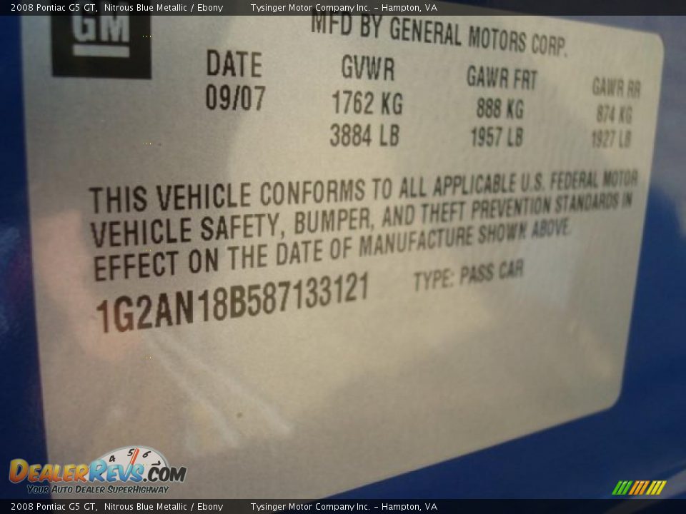 2008 Pontiac G5 GT Nitrous Blue Metallic / Ebony Photo #21