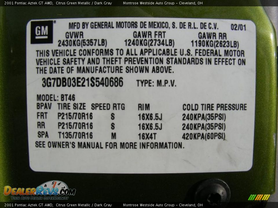 Info Tag of 2001 Pontiac Aztek GT AWD Photo #30