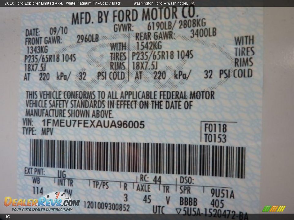 Ford Color Code UG White Platinum Tri-Coat