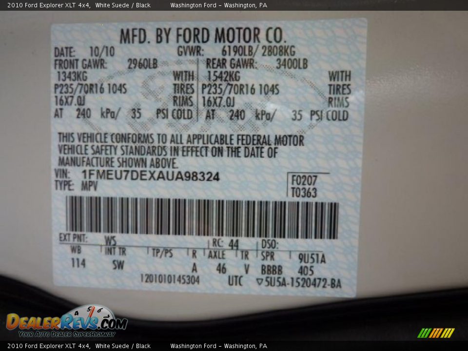 2010 Ford Explorer XLT 4x4 White Suede / Black Photo #16