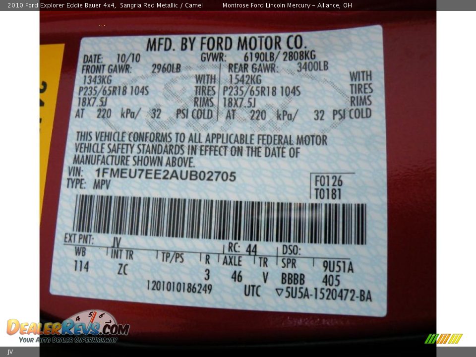 Ford Color Code JV Sangria Red Metallic