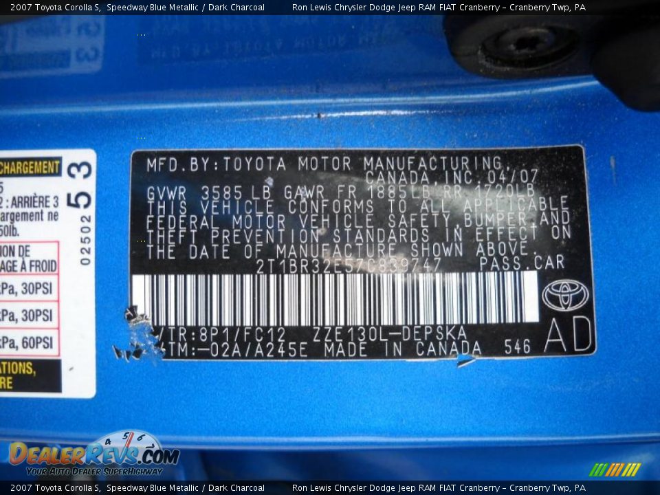2007 Toyota Corolla S Speedway Blue Metallic / Dark Charcoal Photo #9