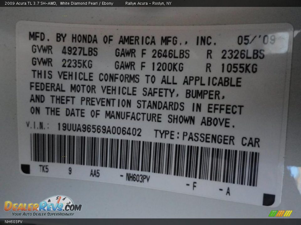 Acura Color Code NH603PV White Diamond Pearl