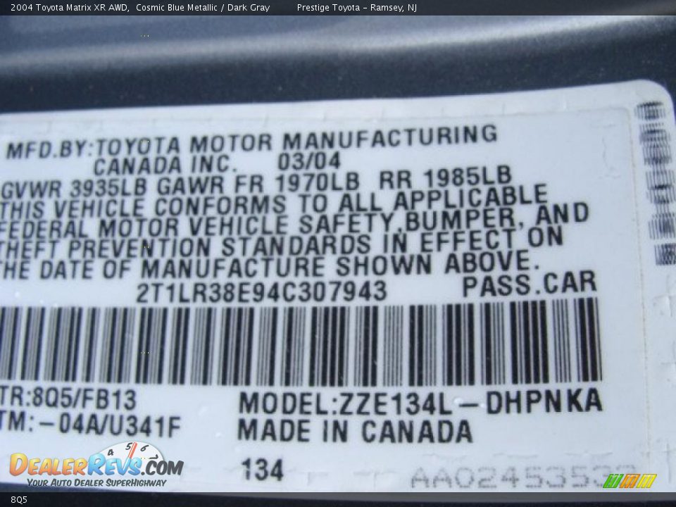 Toyota Color Code 8Q5 Cosmic Blue Metallic