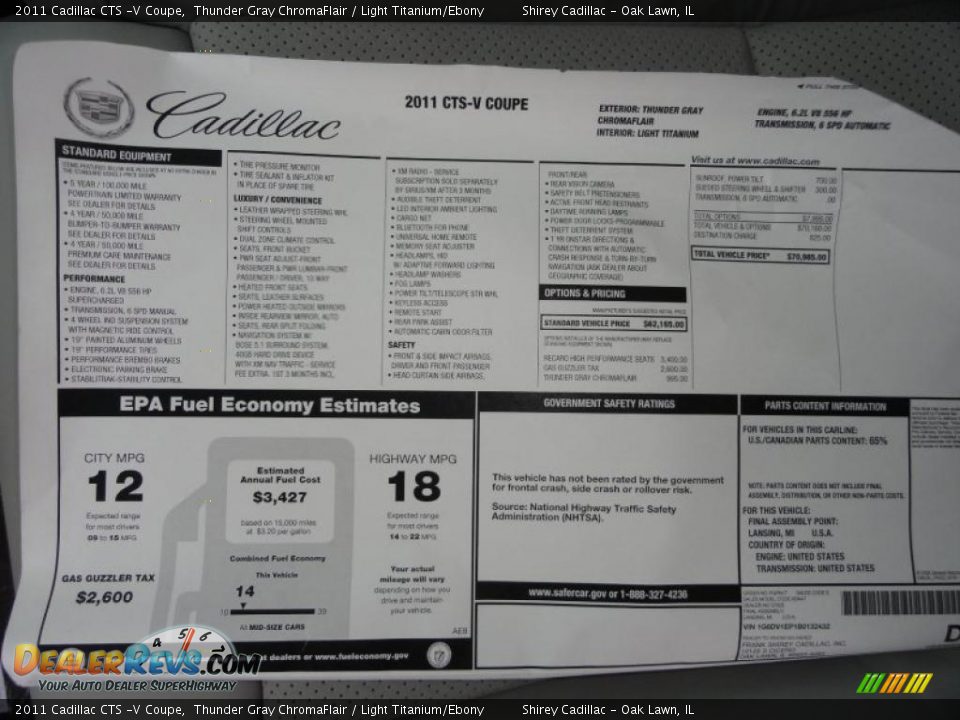 2011 Cadillac CTS -V Coupe Window Sticker Photo #11