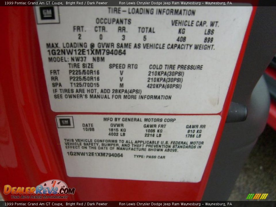 1999 Pontiac Grand Am GT Coupe Bright Red / Dark Pewter Photo #20