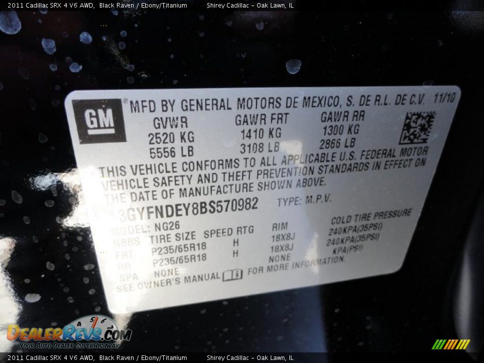 Info Tag of 2011 Cadillac SRX 4 V6 AWD Photo #14