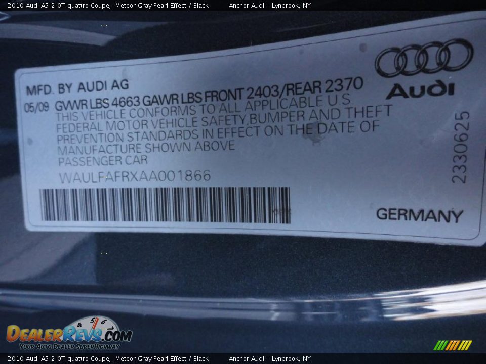 2010 Audi A5 2.0T quattro Coupe Meteor Gray Pearl Effect / Black Photo #16